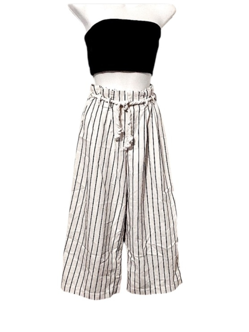 Women’s Beachy White Black Pin Striped Cropped Wide Leg Flowy Paper Bag Pants S